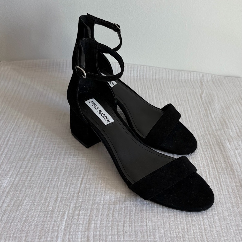 Steve Madden Irenee Black Suede Ankle-Strap Block Heel Sandals